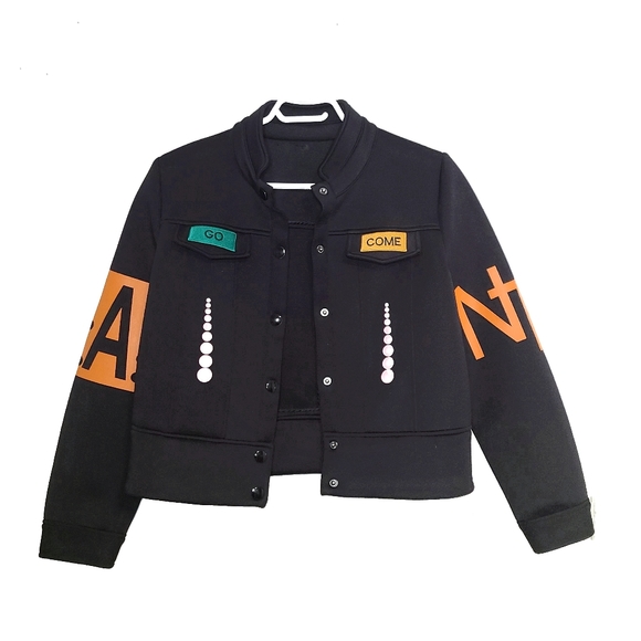 MAX MARTIN Graphic Come Go Black Bomber Jacket size medium - Picture 2 of 9